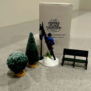 Dept 56 Lamplighter Accessory Set with City Bench and two scrub/tree.